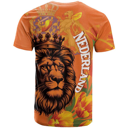 Nederland Fijne Koningsdag T-Shirt Netherlands Lion With Orange Tulips Graphic Tee