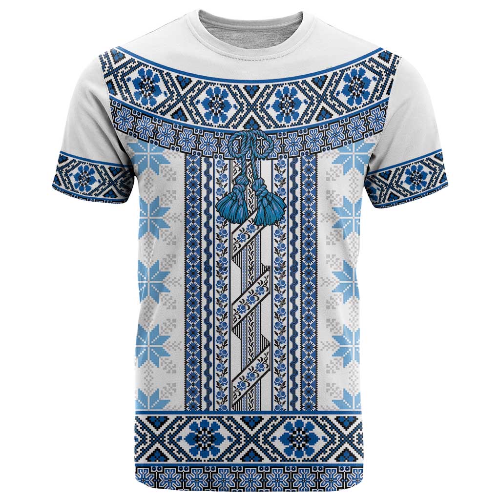 Ukraine T-Shirt Traditional Braided Rope Belt Blue Folk Pattern Graphic Tee