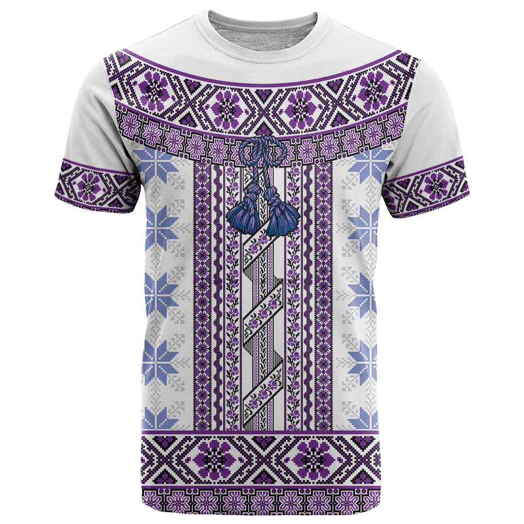 Ukraine T-Shirt Traditional Braided Rope Belt Purple Folk Pattern Graphic Tee