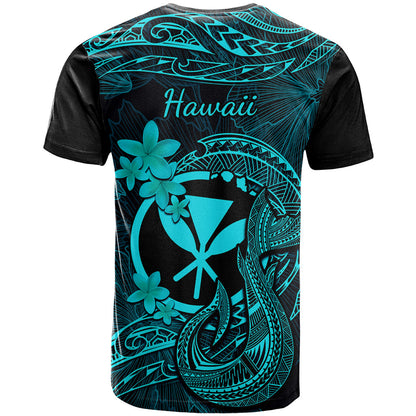 Hawaii T-Shirt Fish Hook Tattoo Mix Polynesian Plumeria Turquoise Version Graphic Tee
