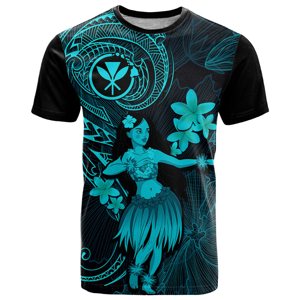 Hawaii T-Shirt Hula Girl Mix Polynesian Plumeria Turquoise Version Graphic Tee