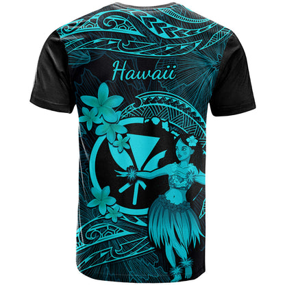 Hawaii T-Shirt Hula Girl Mix Polynesian Plumeria Turquoise Version Graphic Tee