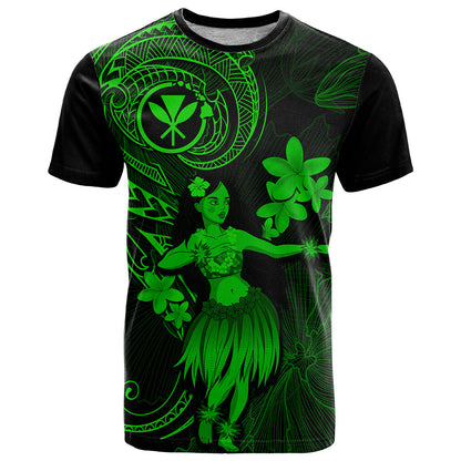 Hawaii T-Shirt Hula Girl Mix Polynesian Plumeria Green Version Graphic Tee