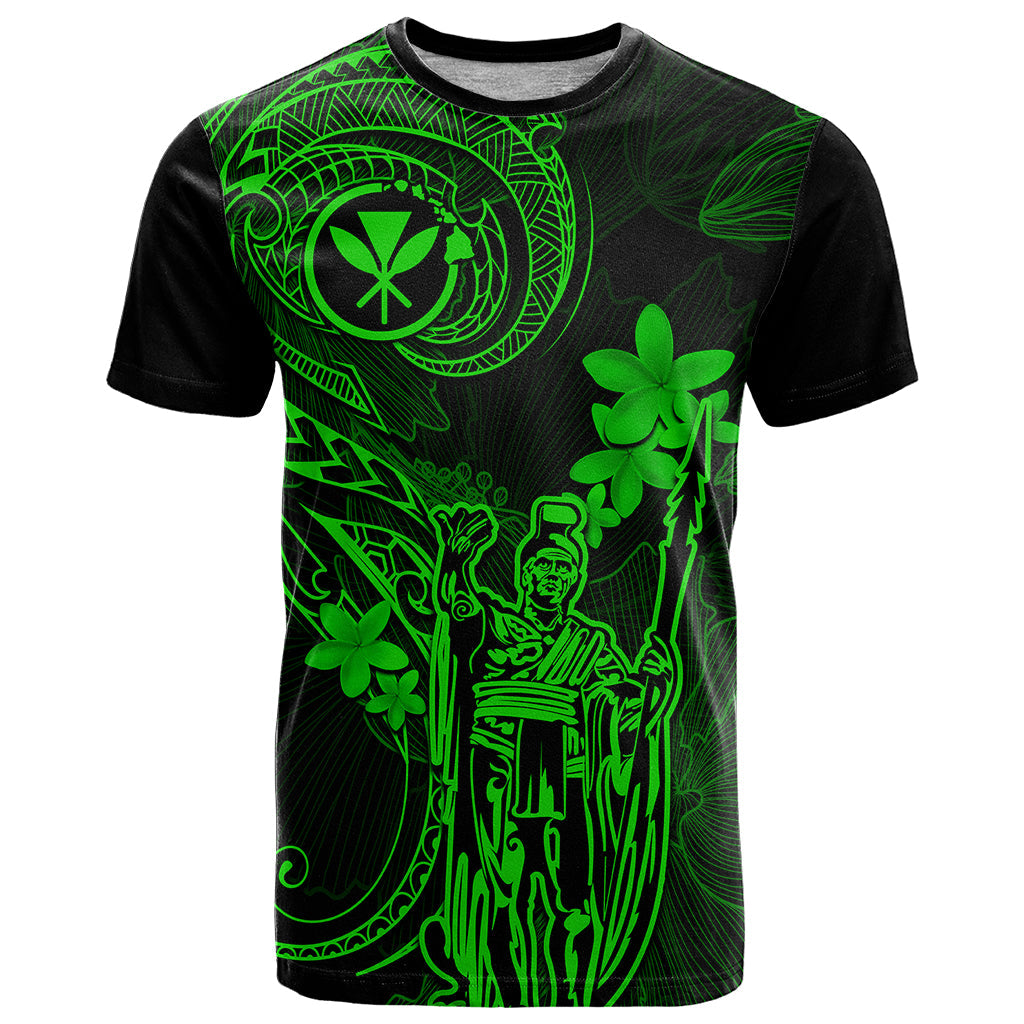 Hawaii T-Shirt King Kamehameha Mix Polynesian Plumeria Green Version Graphic Tee