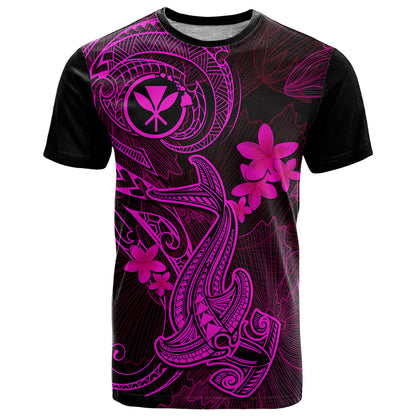 Hawaii T-Shirt Hammerhead Shark Tattoo Mix Polynesian Plumeria Pink Version Graphic Tee