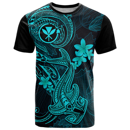 Hawaii T-Shirt Hammerhead Shark Tattoo Mix Polynesian Plumeria Turquoise Version Graphic Tee
