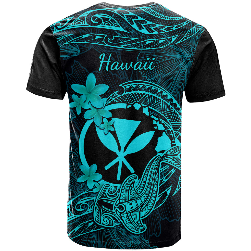 Hawaii T-Shirt Hammerhead Shark Tattoo Mix Polynesian Plumeria Turquoise Version Graphic Tee