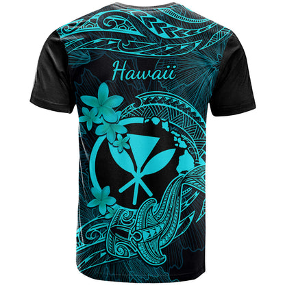 Hawaii T-Shirt Hammerhead Shark Tattoo Mix Polynesian Plumeria Turquoise Version Graphic Tee