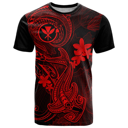 Hawaii T-Shirt Hammerhead Shark Tattoo Mix Polynesian Plumeria Red Version Graphic Tee