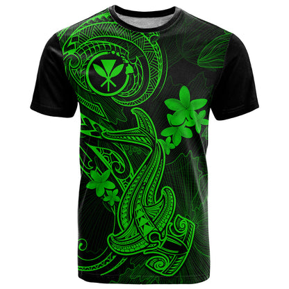 Hawaii T-Shirt Hammerhead Shark Tattoo Mix Polynesian Plumeria Green Version Graphic Tee