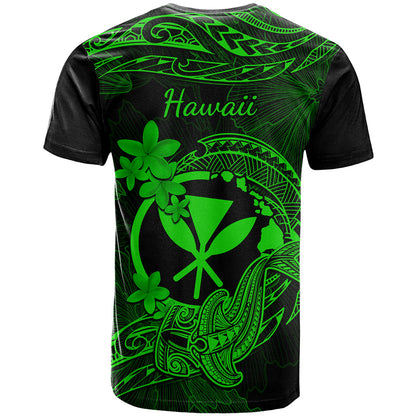 Hawaii T-Shirt Hammerhead Shark Tattoo Mix Polynesian Plumeria Green Version Graphic Tee