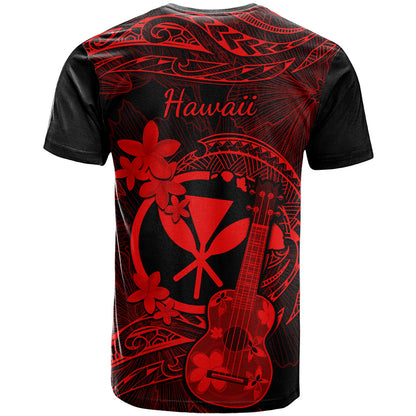 Hawaii T-Shirt Ukulele Mix Polynesian Plumeria Red Version Graphic Tee