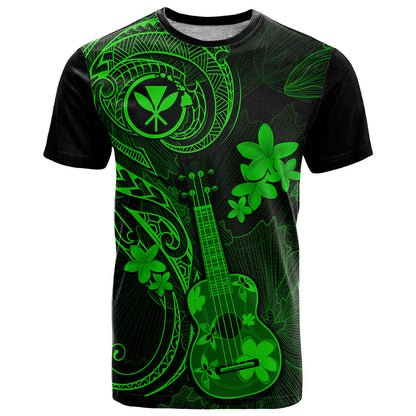 Hawaii T-Shirt Ukulele Mix Polynesian Plumeria Green Version Graphic Tee