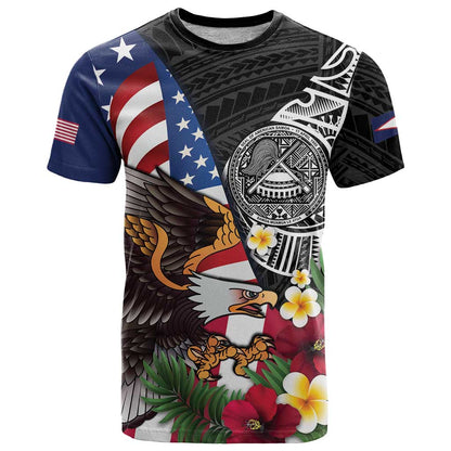 United States and American Samoa T-Shirt USA Flag Eagle With Seal Tropical Flowers Graphic Tee