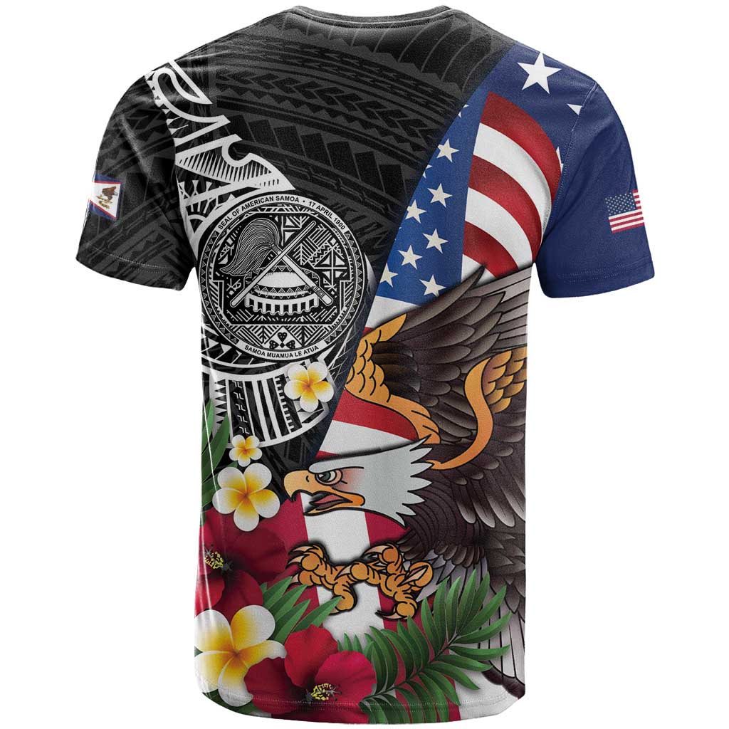 United States and American Samoa T-Shirt USA Flag Eagle With Seal Tropical Flowers Graphic Tee