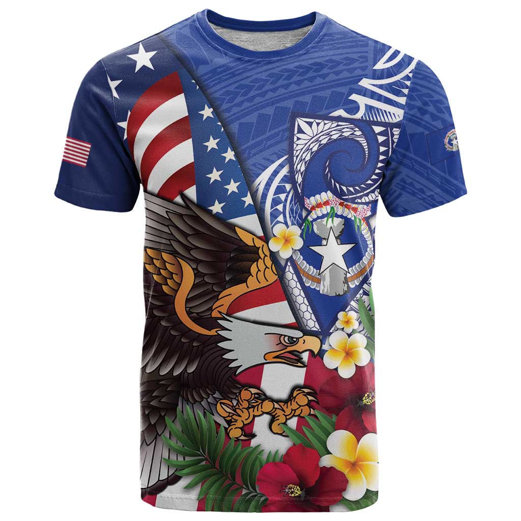United States and Northern Mariana Islands T-Shirt USA Flag Eagle CNMI Latte Stone Tropical Flowers Graphic Tee