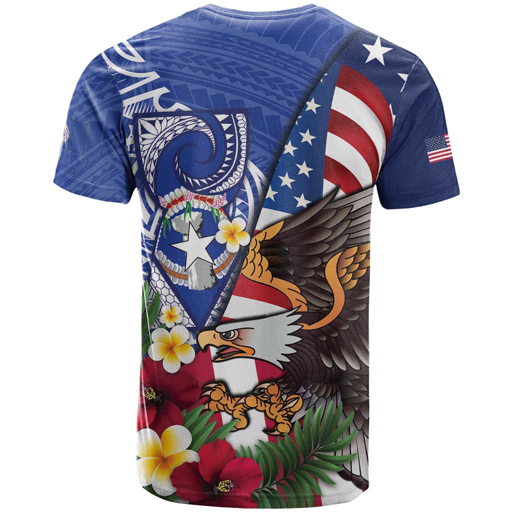 United States and Northern Mariana Islands T-Shirt USA Flag Eagle CNMI Latte Stone Tropical Flowers Graphic Tee