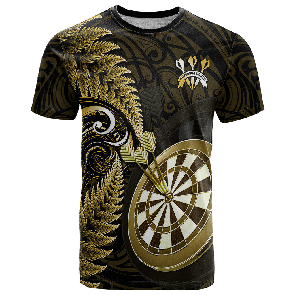 Personalised New Zealand Darts T-Shirt Happiness Is A Tight Threesome Maori Gold Graphic Tee