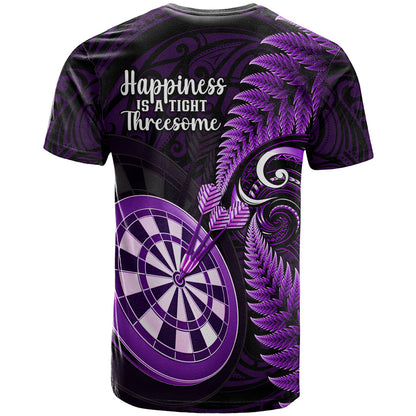 New Zealand Darts T-Shirt Happiness Is A Tight Threesome Maori Purple Graphic Tee