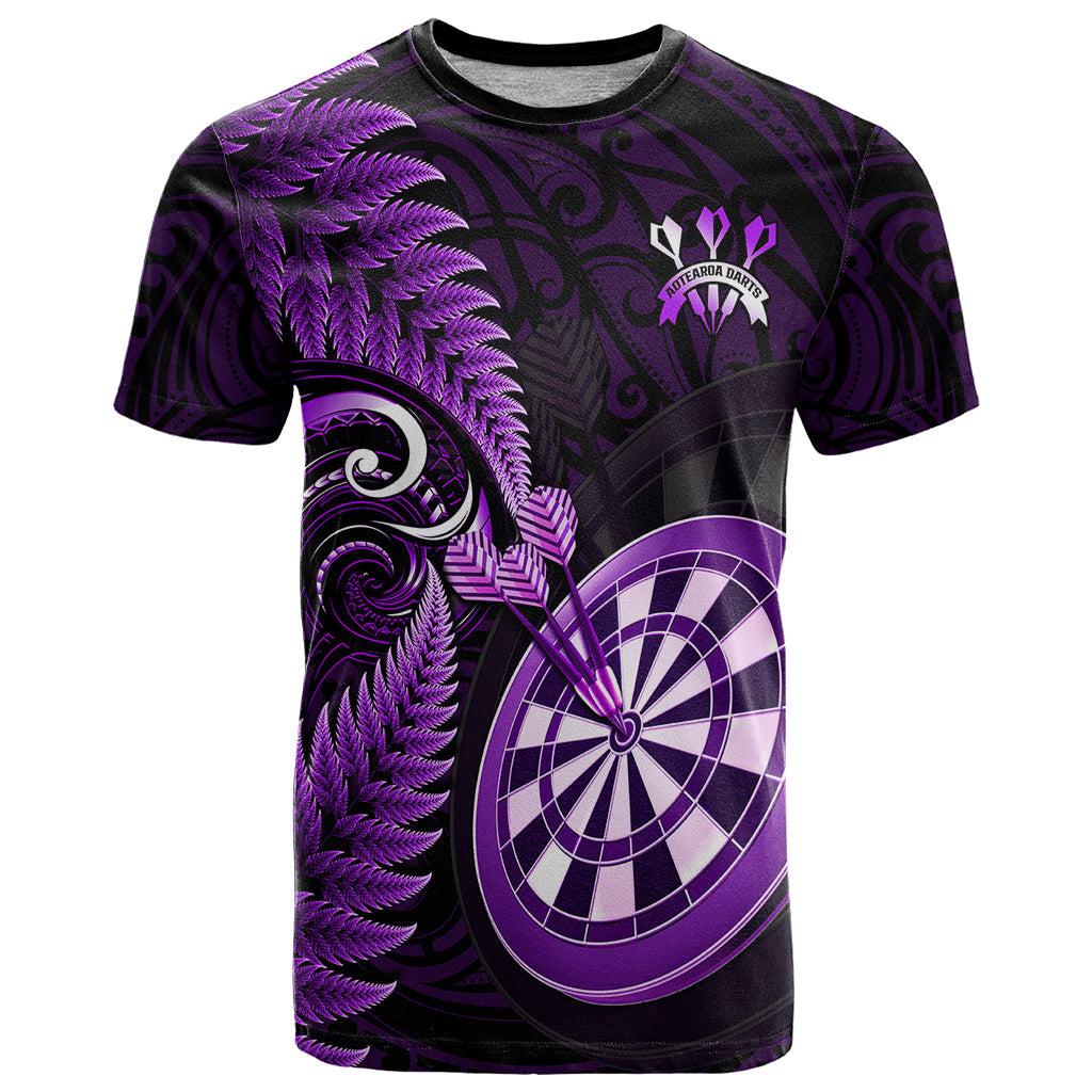 Personalised New Zealand Darts T-Shirt Happiness Is A Tight Threesome Maori Purple Graphic Tee