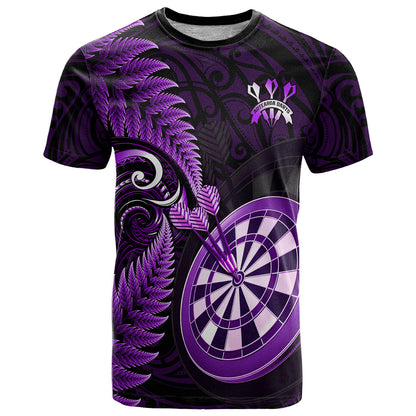 Personalised New Zealand Darts T-Shirt Happiness Is A Tight Threesome Maori Purple Graphic Tee