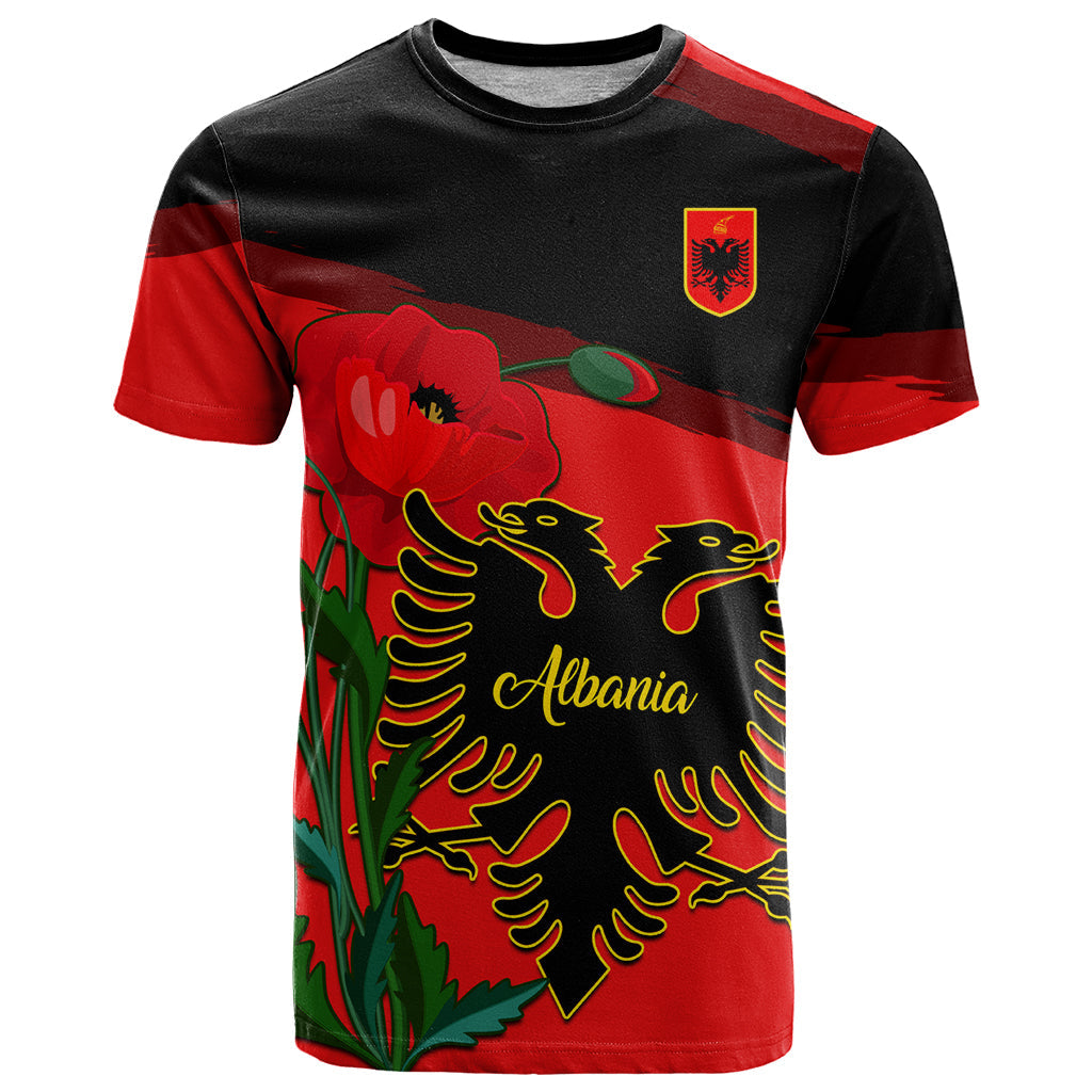 Personalised Albania Flag Day T-Shirt Albanian Coat Of Arms With Red Poppy Graphic Tee
