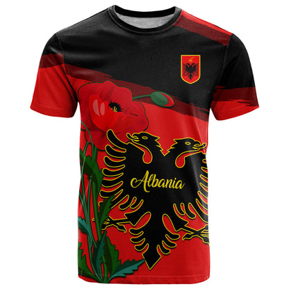 Personalised Albania Flag Day T-Shirt Albanian Coat Of Arms With Red Poppy Graphic Tee