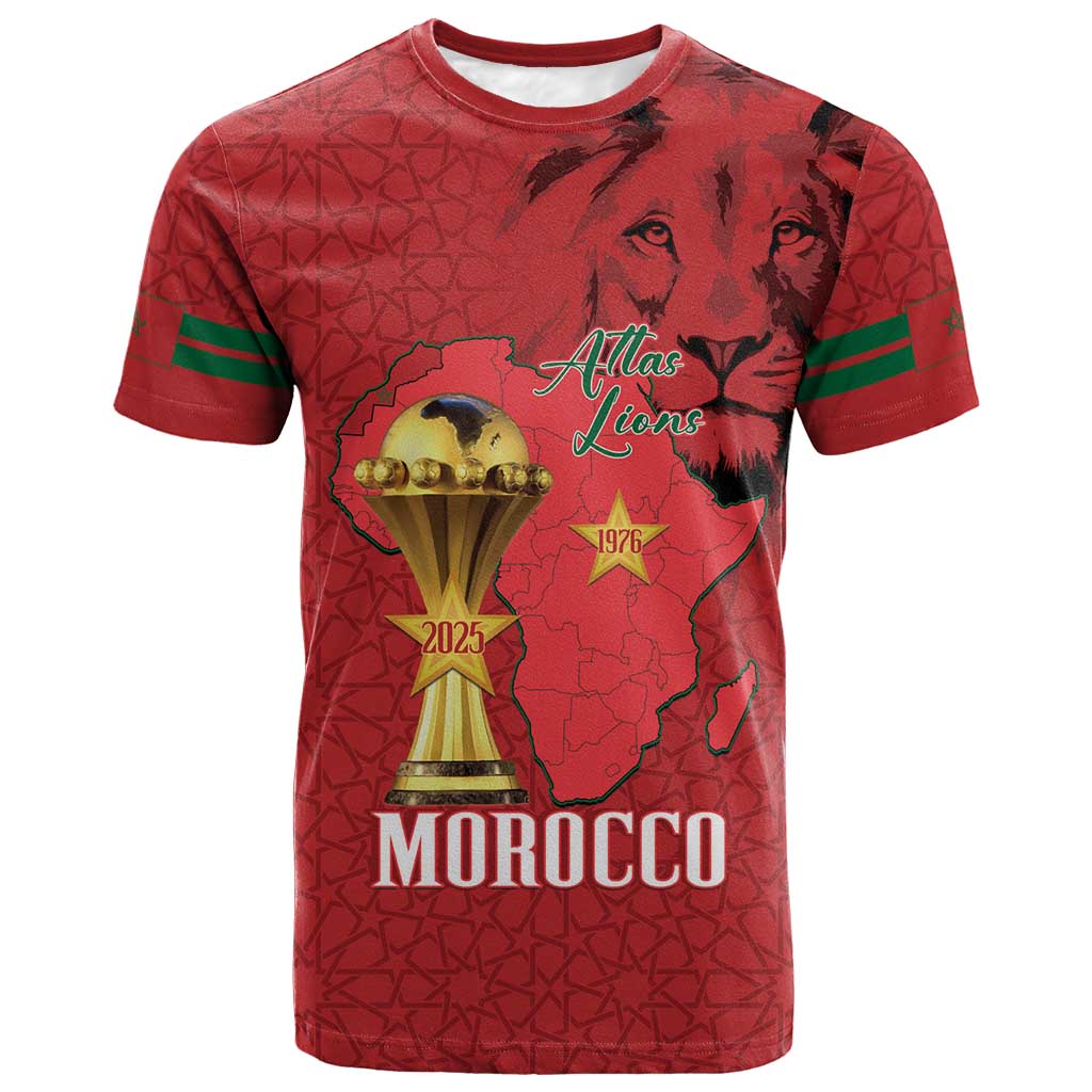 Morocco Football Custom T-Shirt Atlas Lions Champions African Red Islamic Pattern Graphic Tee
