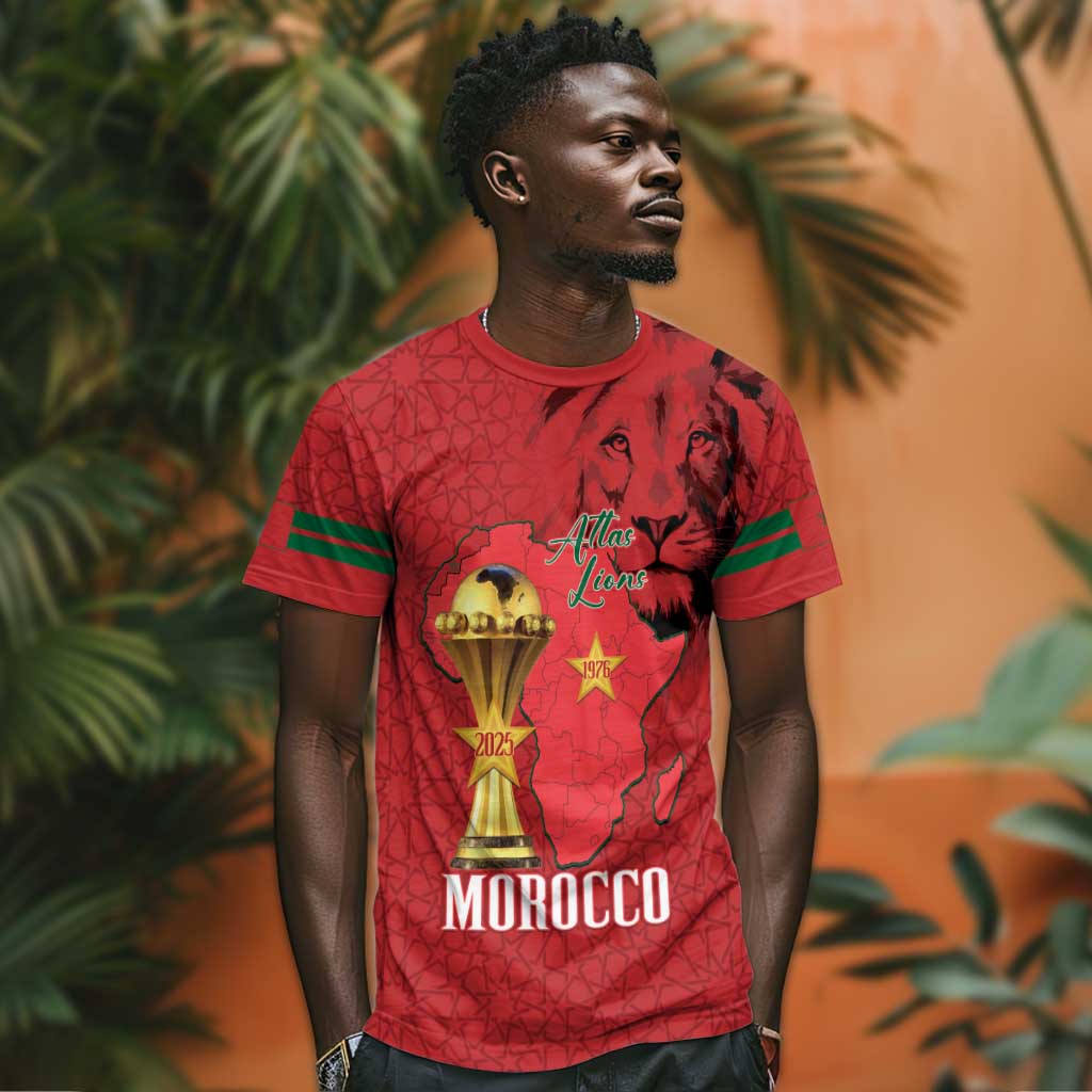 Morocco Football Custom T-Shirt Atlas Lions Champions African Red Islamic Pattern Graphic Tee