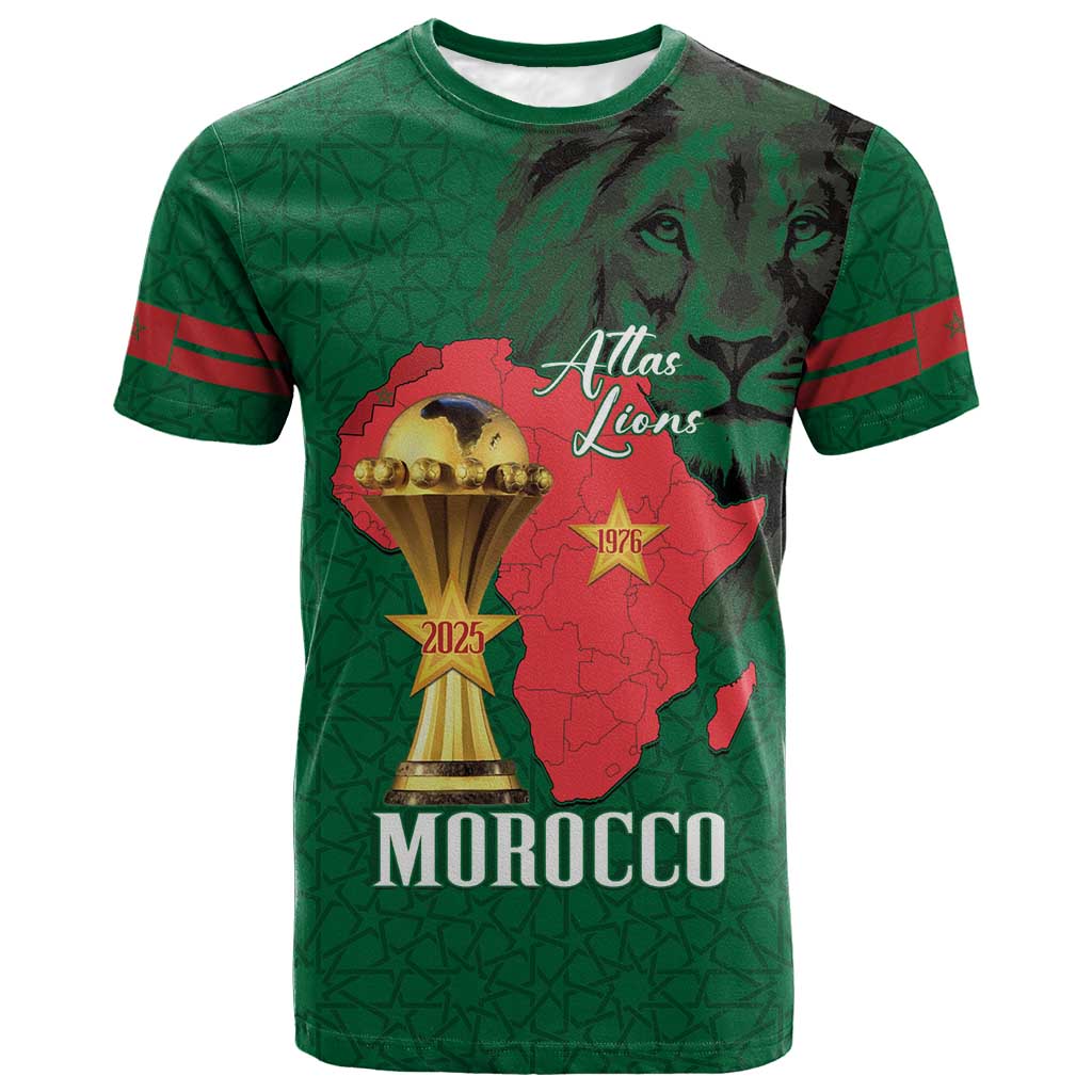 Morocco Football Custom T-Shirt Atlas Lions Champions African Green Islamic Pattern Graphic Tee
