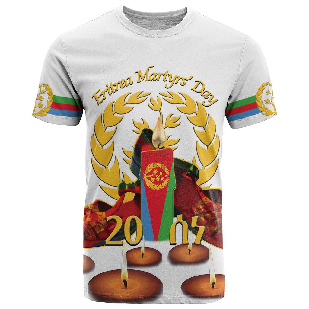 Custom Eritrea Martyrs' Day T-Shirt 20 June Shida Shoes With Candles - White Graphic Tee