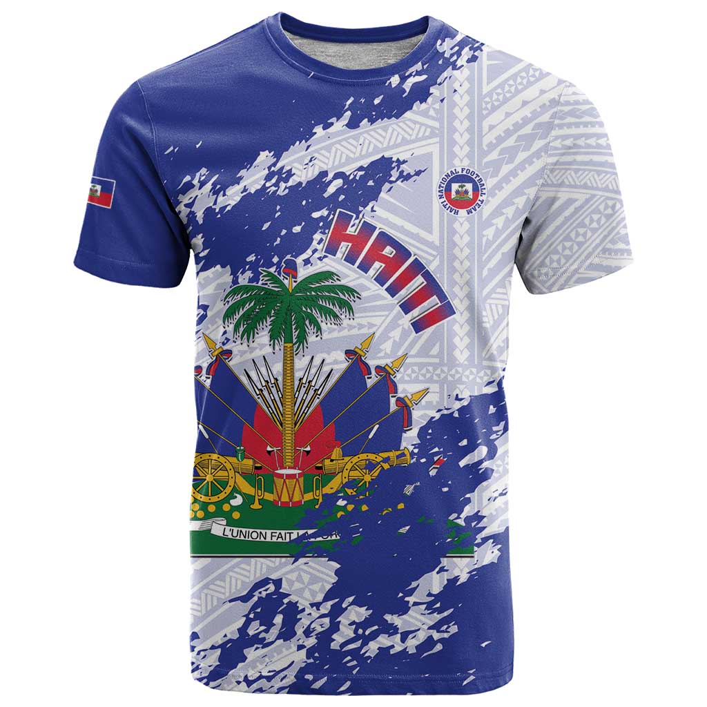 Custom Haiti Football T-Shirt Les Grenadiers Blue Grunge Polynesian Tattoo Graphic Tee