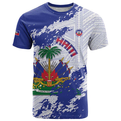 Custom Haiti Football T-Shirt Les Grenadiers Blue Grunge Polynesian Tattoo Graphic Tee