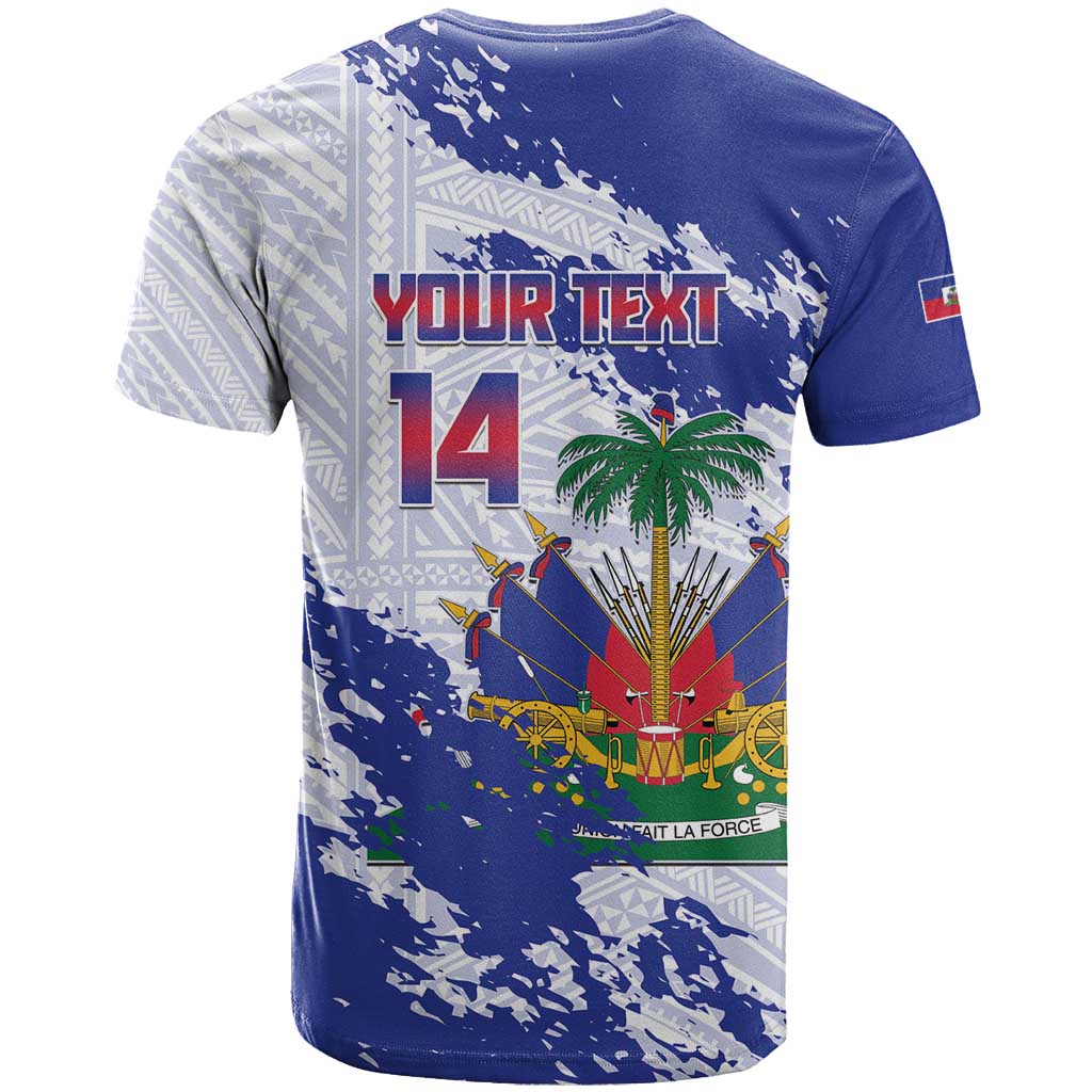 Custom Haiti Football T-Shirt Les Grenadiers Blue Grunge Polynesian Tattoo Graphic Tee