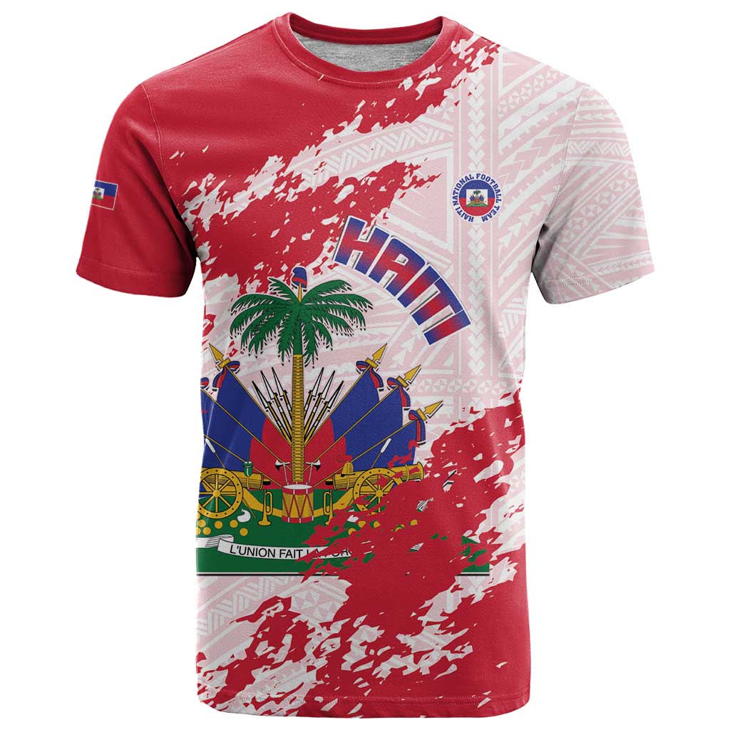 Custom Haiti Football T-Shirt Les Grenadiers Red Grunge Polynesian Tattoo Graphic Tee