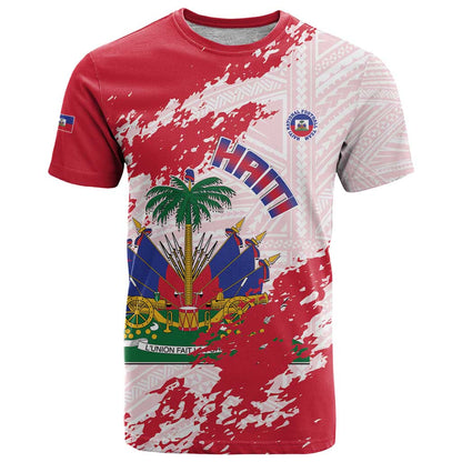 Custom Haiti Football T-Shirt Les Grenadiers Red Grunge Polynesian Tattoo Graphic Tee
