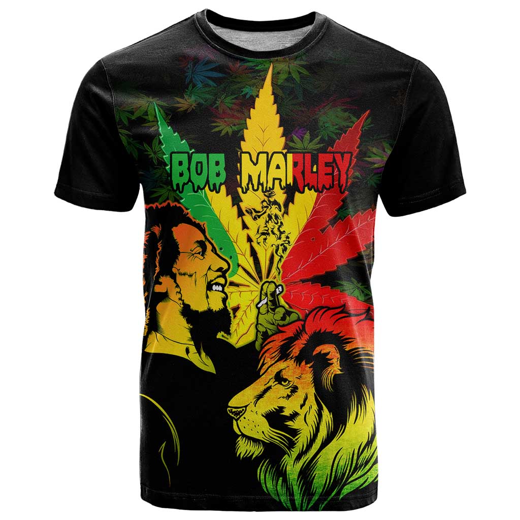 Jamaica Legend Bob T-Shirt Lion With Cannabis Leaf Pattern Graphic Tee