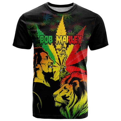 Jamaica Legend Bob T-Shirt Lion With Cannabis Leaf Pattern Graphic Tee