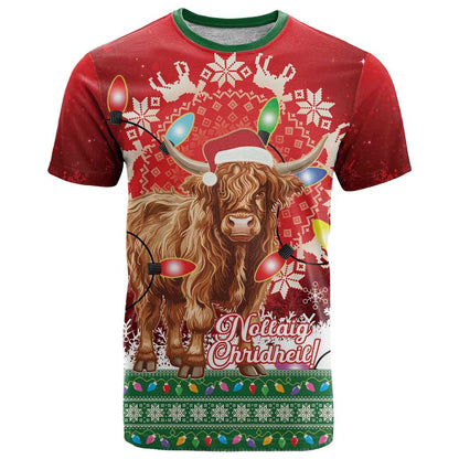 Scotland Christmas T-Shirt Highland Cow Santa - Nollaig Chridheil! Graphic Tee