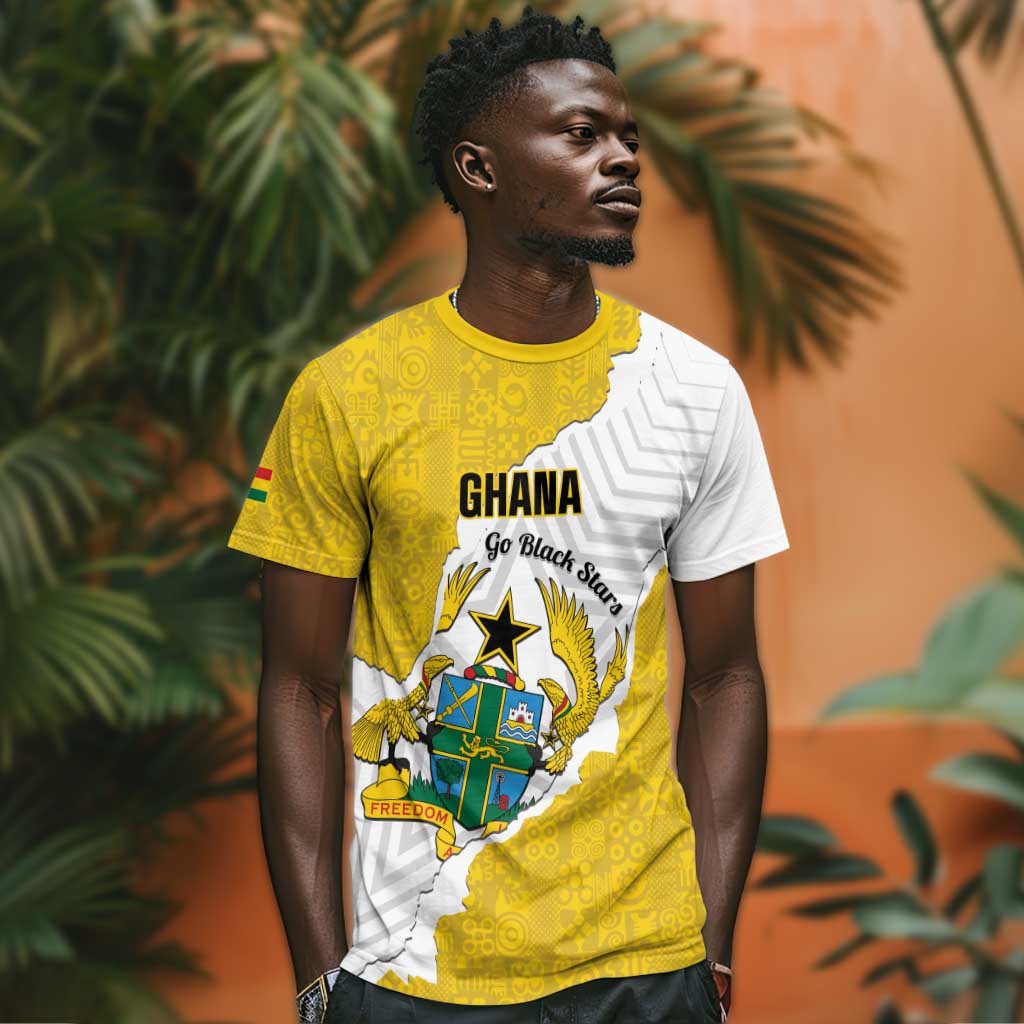 Custom Ghana Football T-Shirt 2026 Go Black Stars Yellow Adinkra Pattern Graphic Tee