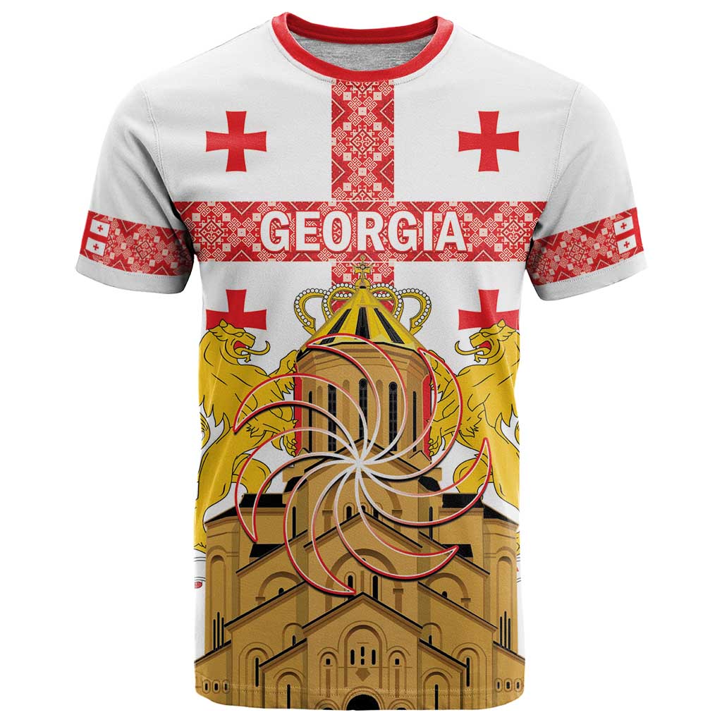 Personalised Georgia Independence Day T-Shirt Sameba Cathedral Borjgali Folk Pattern Graphic Tee