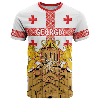 Personalised Georgia Independence Day T-Shirt Sameba Cathedral Borjgali Folk Pattern Graphic Tee