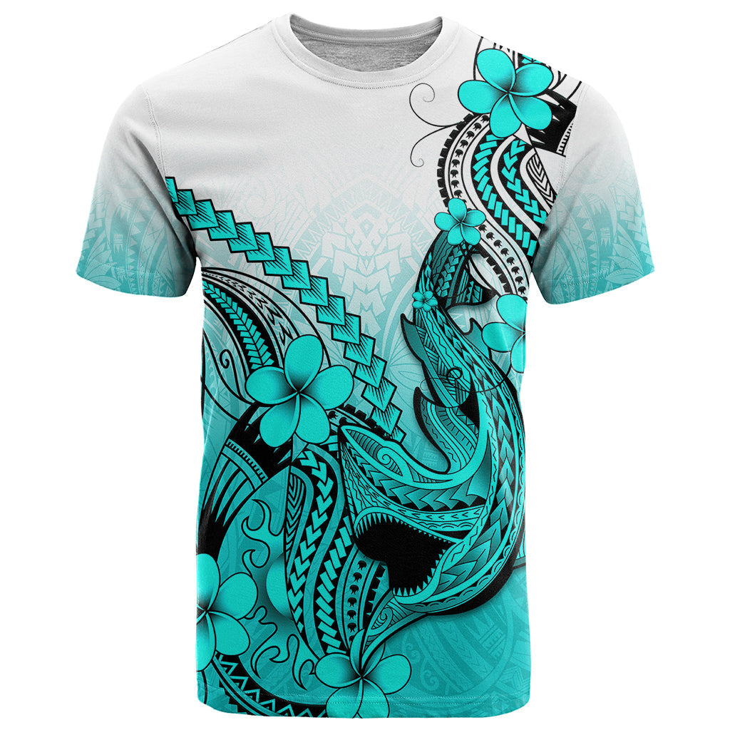 Hawaii T-Shirt Polynesian Shark Tattoo With Plumeria Turquoise Gradient Graphic Tee