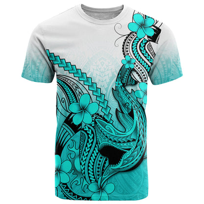 Hawaii T-Shirt Polynesian Shark Tattoo With Plumeria Turquoise Gradient Graphic Tee