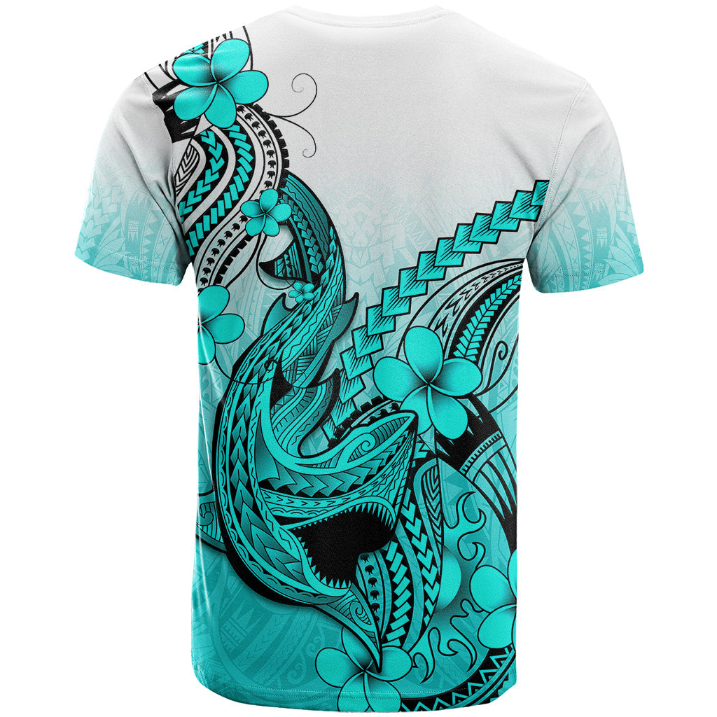 Hawaii T-Shirt Polynesian Shark Tattoo With Plumeria Turquoise Gradient Graphic Tee
