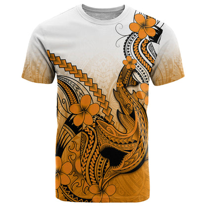 Hawaii T-Shirt Polynesian Shark Tattoo With Plumeria Orange Gradient Graphic Tee