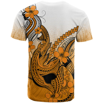 Hawaii T-Shirt Polynesian Shark Tattoo With Plumeria Orange Gradient Graphic Tee