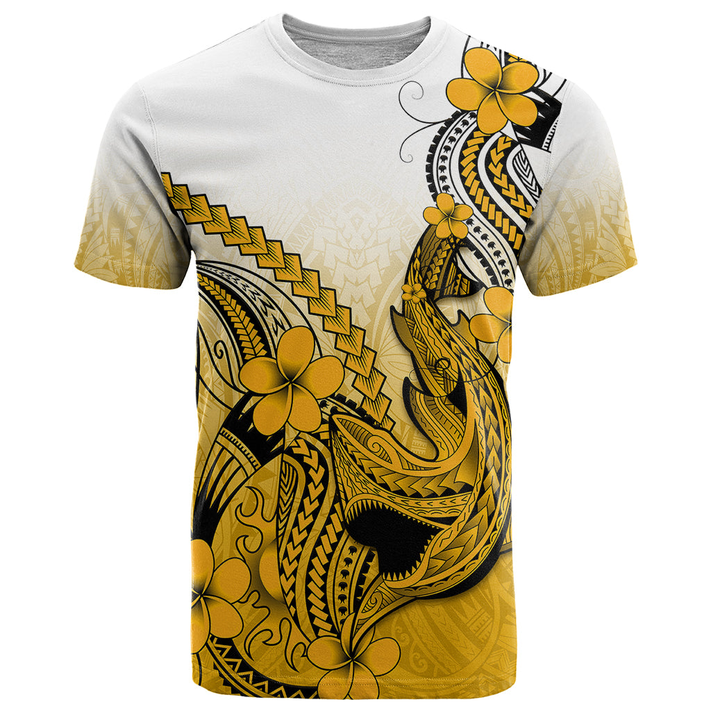 Hawaii T-Shirt Polynesian Shark Tattoo With Plumeria Gold Gradient Graphic Tee