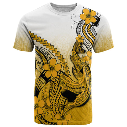 Hawaii T-Shirt Polynesian Shark Tattoo With Plumeria Gold Gradient Graphic Tee