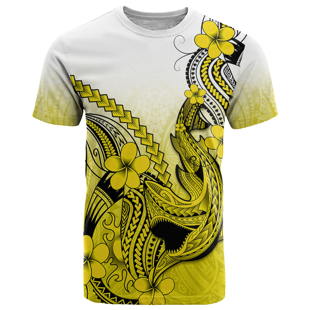 Hawaii T-Shirt Polynesian Shark Tattoo With Plumeria Yellow Gradient Graphic Tee